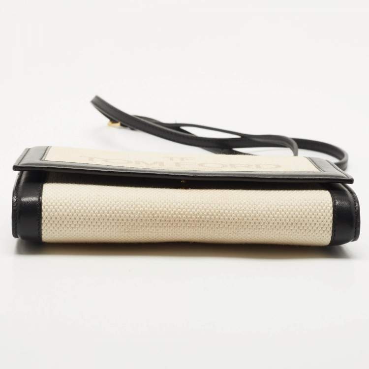 Pre Owned Tom Ford Black/Beige Logo Print Canvas and Leather Flap Wallet on Strap
