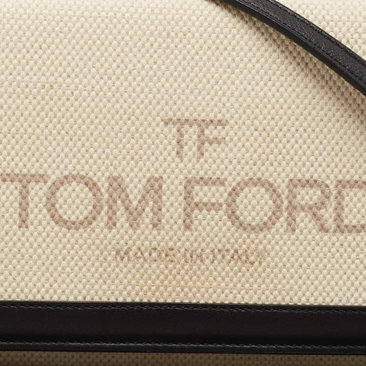Pre Owned Tom Ford Black/Beige Logo Print Canvas and Leather Flap Wallet on Strap
