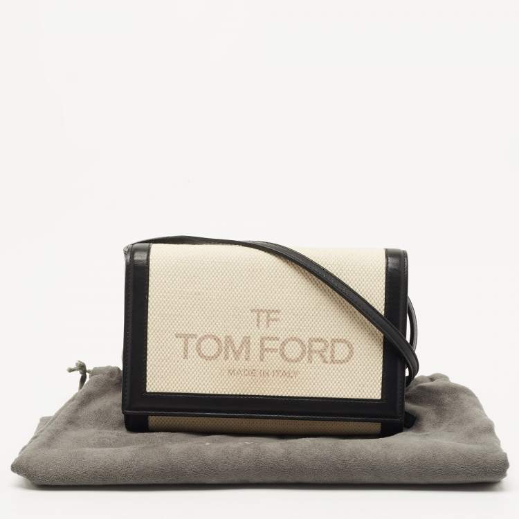 Pre Owned Tom Ford Black/Beige Logo Print Canvas and Leather Flap Wallet on Strap