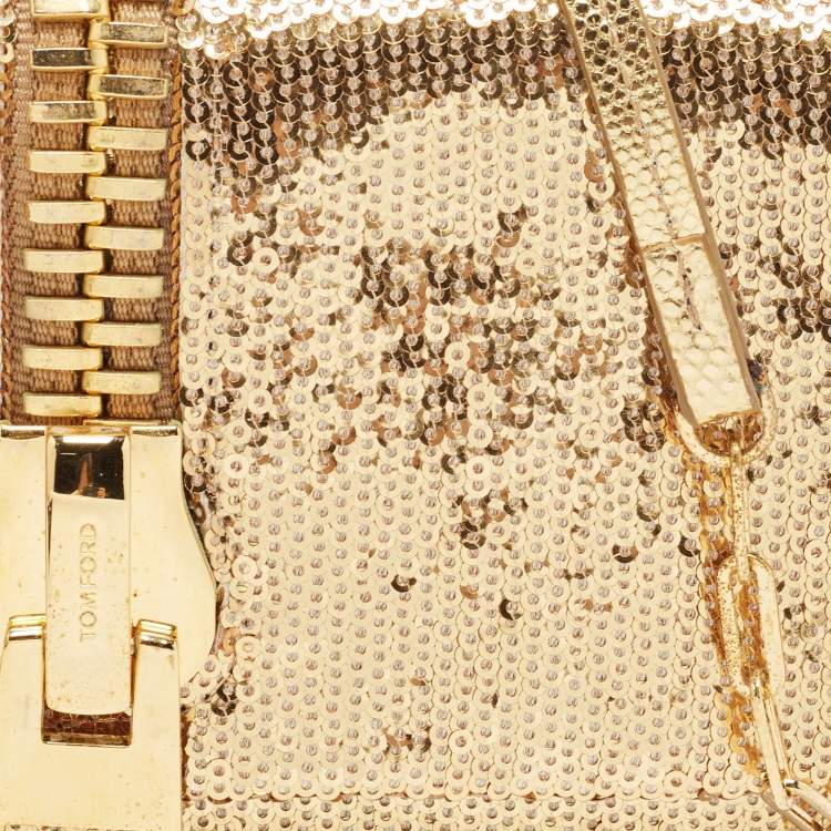 مملوكة مسبقًا Tom Ford Gold Sequins and Karung Leather Mini Zip Embellished Shoulder Bag 