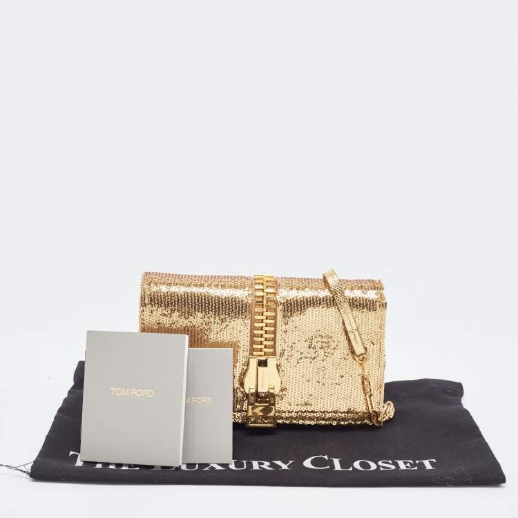 مملوكة مسبقًا Tom Ford Gold Sequins and Karung Leather Mini Zip Embellished Shoulder Bag 