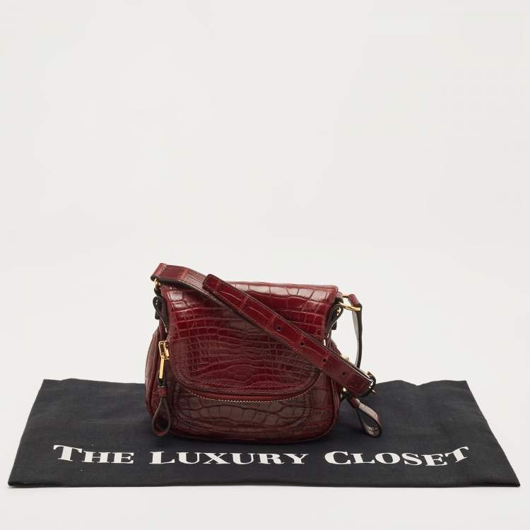 Pre Owned Tom Ford Dark Red Crocodile Mini Jennifer Crossbody Bag