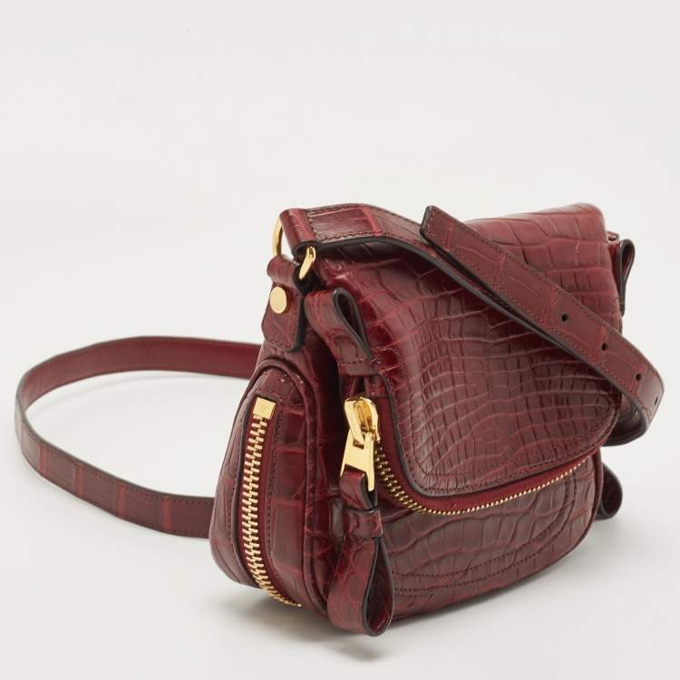Pre Owned Tom Ford Dark Red Crocodile Mini Jennifer Crossbody Bag