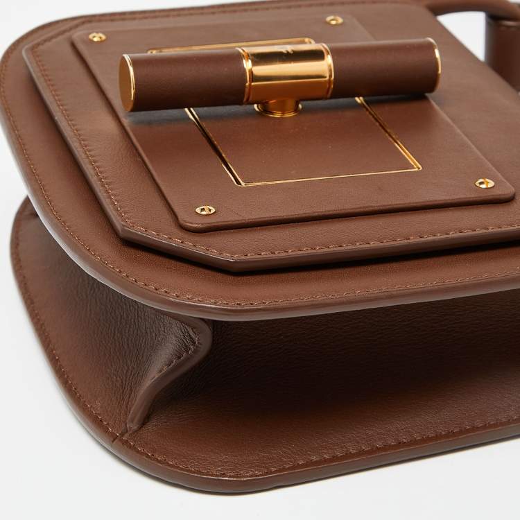 Pre Owned Tom Ford Brown Leather Twist Lock Flap Crossbody Bag