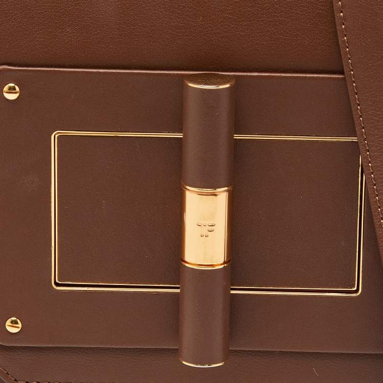 Pre Owned Tom Ford Brown Leather Twist Lock Flap Crossbody Bag