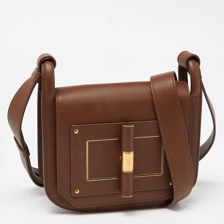 Pre Owned Tom Ford Brown Leather Twist Lock Flap Crossbody Bag