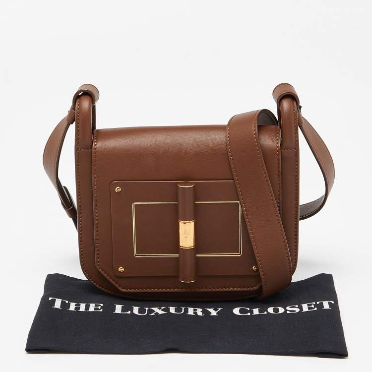 Pre Owned Tom Ford Brown Leather Twist Lock Flap Crossbody Bag