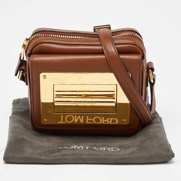 Pre Owned Tom Ford Brown Leather Twist Lock Zip Crossbody Bag