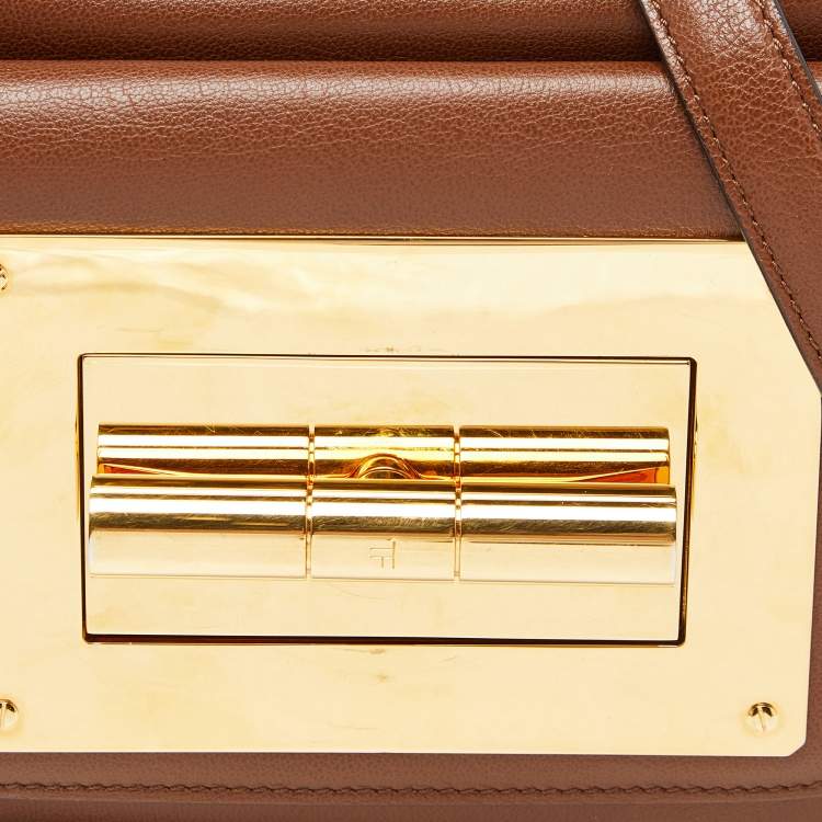Pre Owned Tom Ford Brown Leather Twist Lock Zip Crossbody Bag