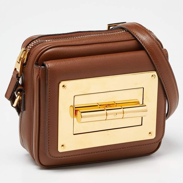 Pre Owned Tom Ford Brown Leather Twist Lock Zip Crossbody Bag