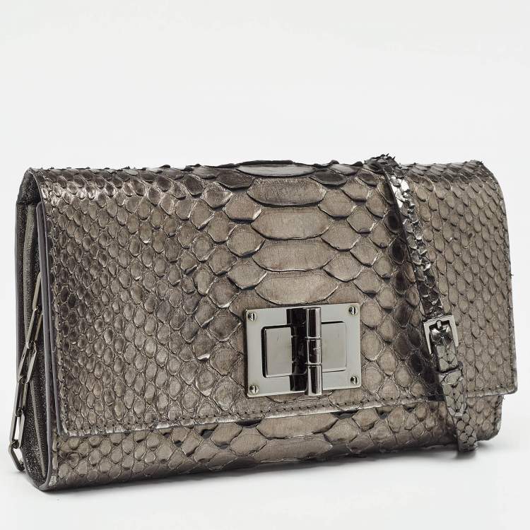 Pre Owned Tom Ford Metallic Grey Python Chain Clutch