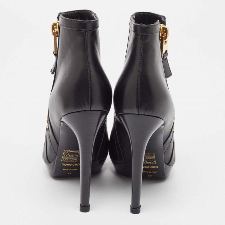 Pre Owned Tom Ford Black Leather Platform Ankle Booties Size 39