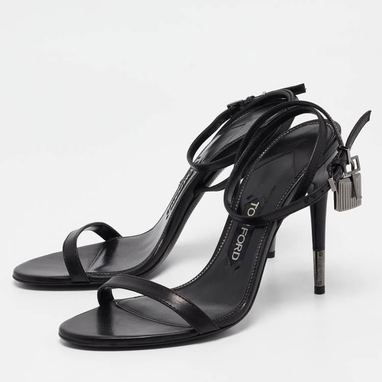 Pre Owned Tom Ford Black Leather Padlock Ankle Wrap Sandals 40