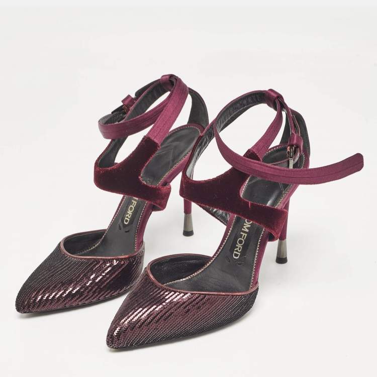 Pre Owned Tom Ford Purple Satin and Sequins Ankle Strap Pumps Size 38