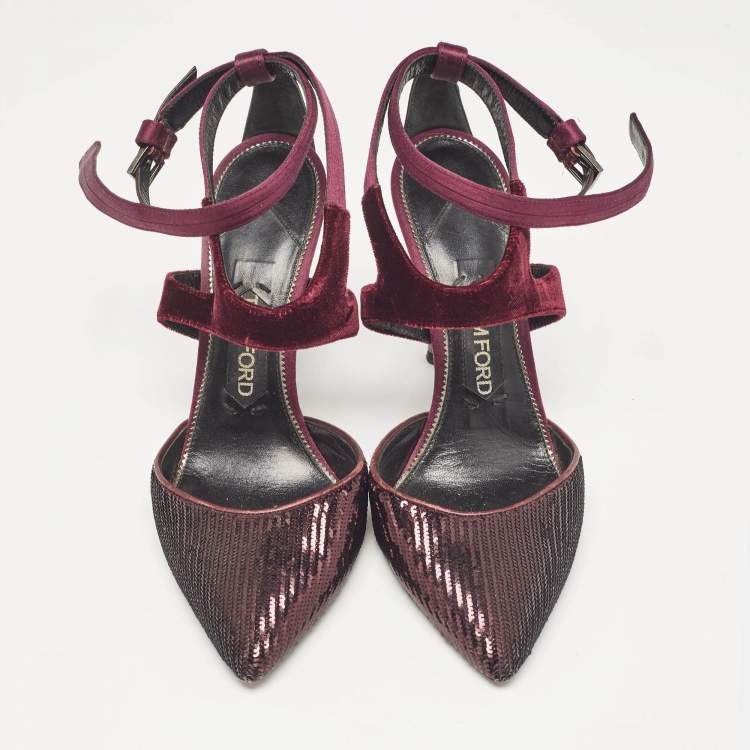 Pre Owned Tom Ford Purple Satin and Sequins Ankle Strap Pumps Size 38