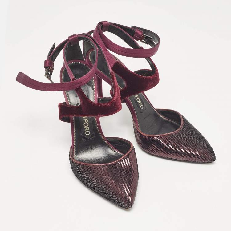 Pre Owned Tom Ford Purple Satin and Sequins Ankle Strap Pumps Size 38