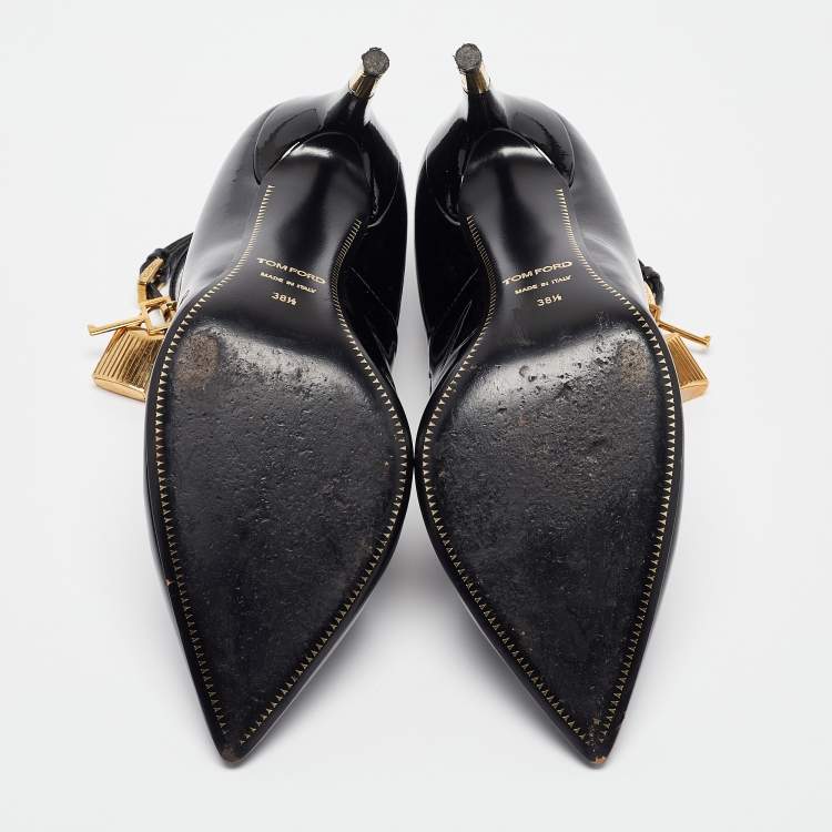 Pre Owned Tom Ford Black Patent Leather Padlock Ankle Wrap Pointed Toe Pumps 38.5