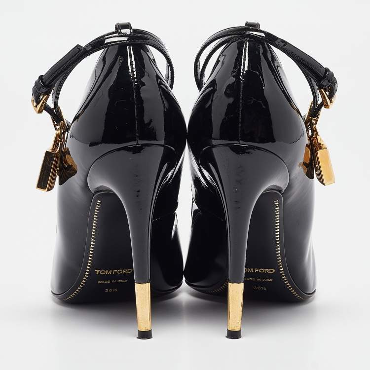 Pre Owned Tom Ford Black Patent Leather Padlock Ankle Wrap Pointed Toe Pumps 38.5