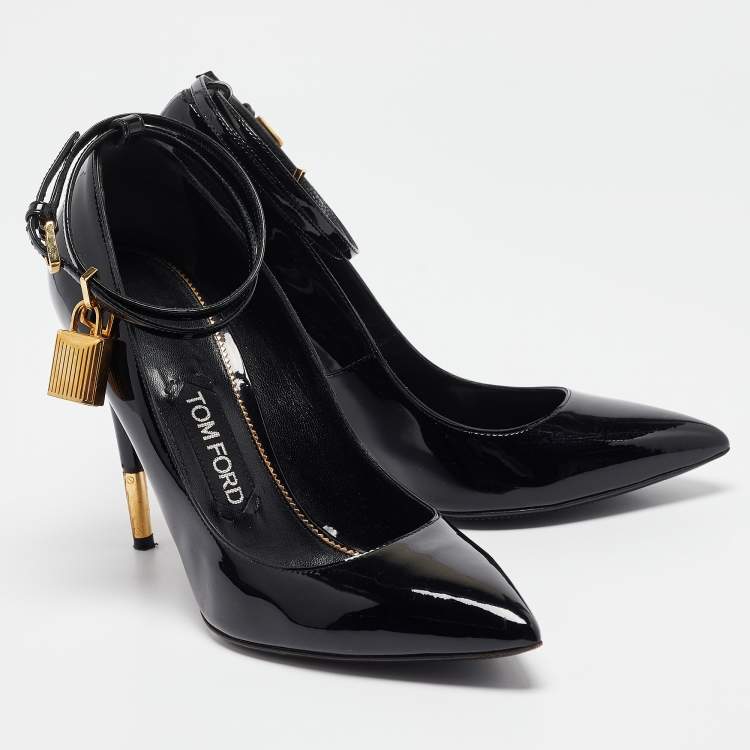 Pre Owned Tom Ford Black Patent Leather Padlock Ankle Wrap Pointed Toe Pumps 38.5