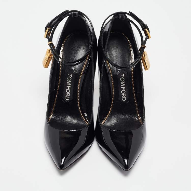 Pre Owned Tom Ford Black Patent Leather Padlock Ankle Wrap Pointed Toe Pumps 38.5