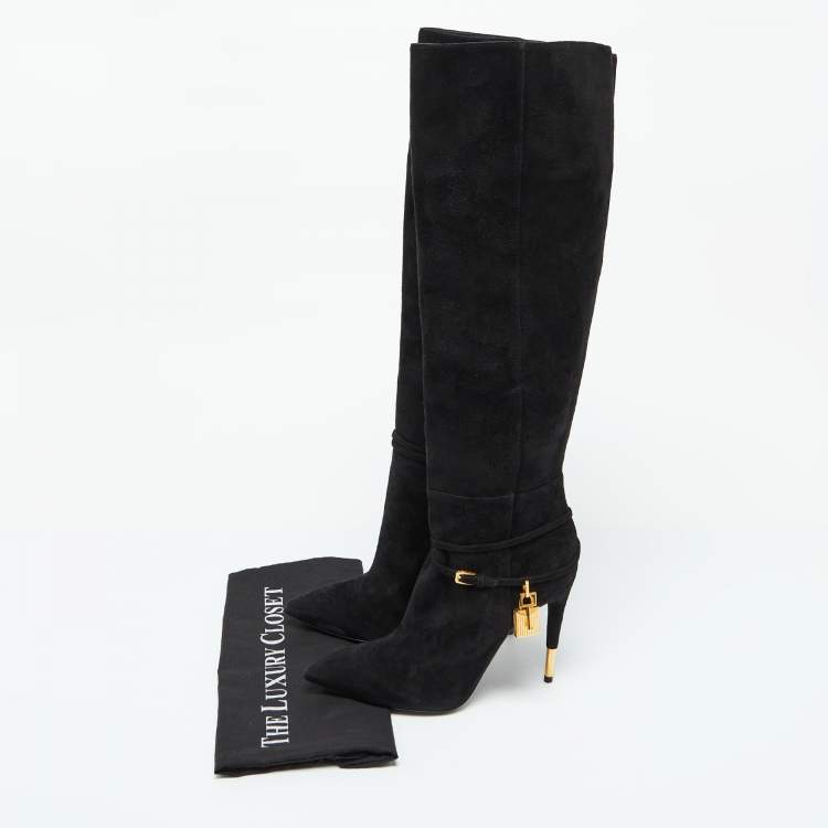 Pre Owned Tom Ford Black Suede Lock Strap Knee Length Boots Size 39