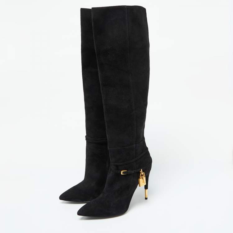 Pre Owned Tom Ford Black Suede Lock Strap Knee Length Boots Size 39