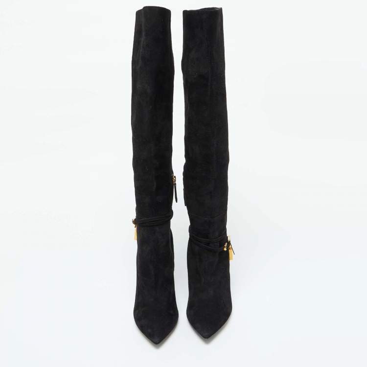 Pre Owned Tom Ford Black Suede Lock Strap Knee Length Boots Size 39