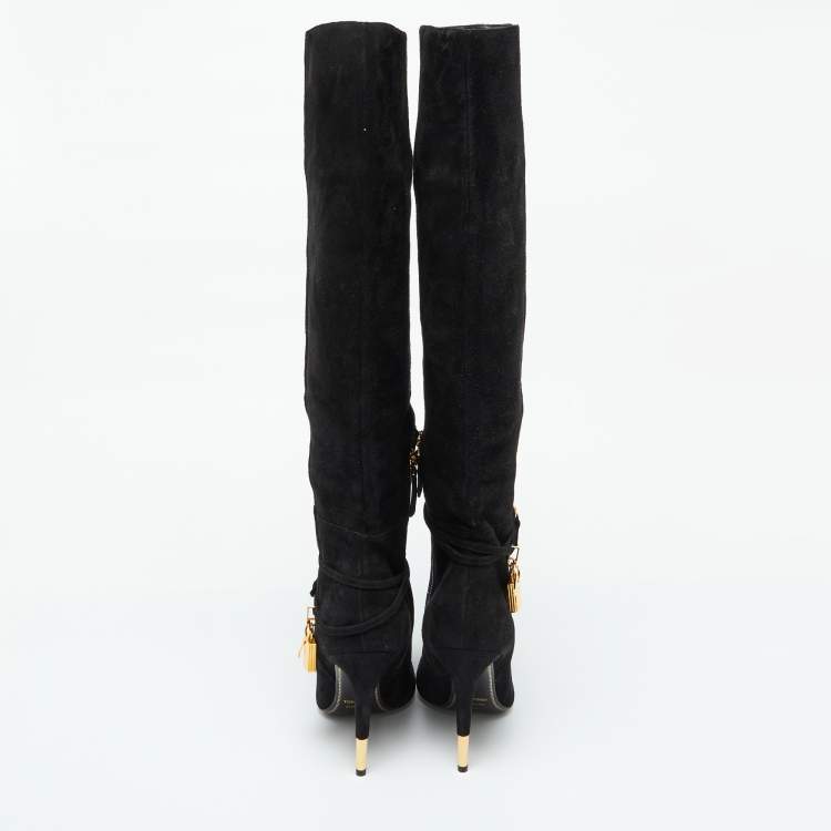 Pre Owned Tom Ford Black Suede Lock Strap Knee Length Boots Size 39