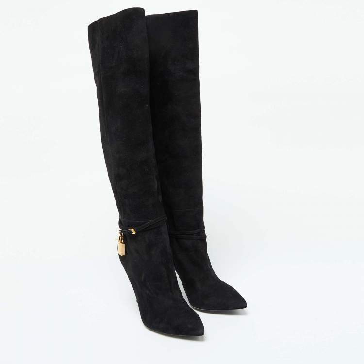 Pre Owned Tom Ford Black Suede Lock Strap Knee Length Boots Size 39