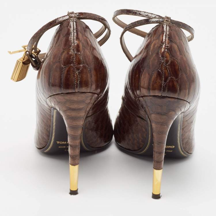 Pre Owned Tom Ford Brown Python Embossed Leather Padlock Pumps Size 39
