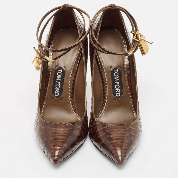 Pre Owned Tom Ford Brown Python Embossed Leather Padlock Pumps Size 39