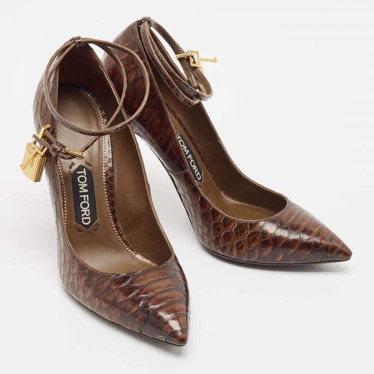 Pre Owned Tom Ford Brown Python Embossed Leather Padlock Pumps Size 39
