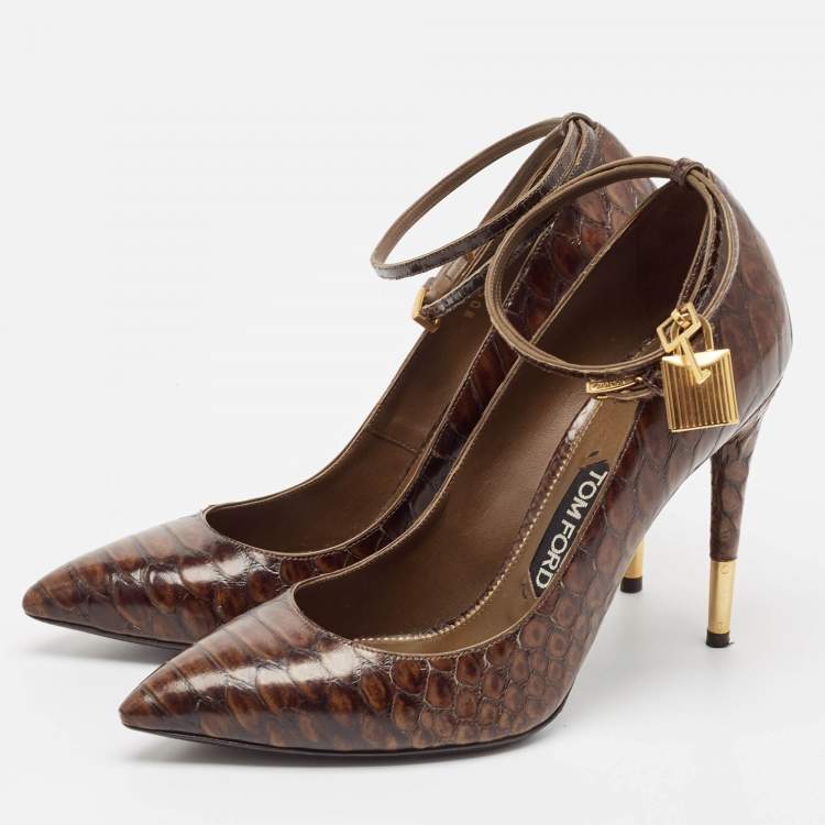 Pre Owned Tom Ford Brown Python Embossed Leather Padlock Pumps Size 39