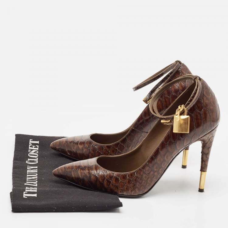 Pre Owned Tom Ford Brown Python Embossed Leather Padlock Pumps Size 39