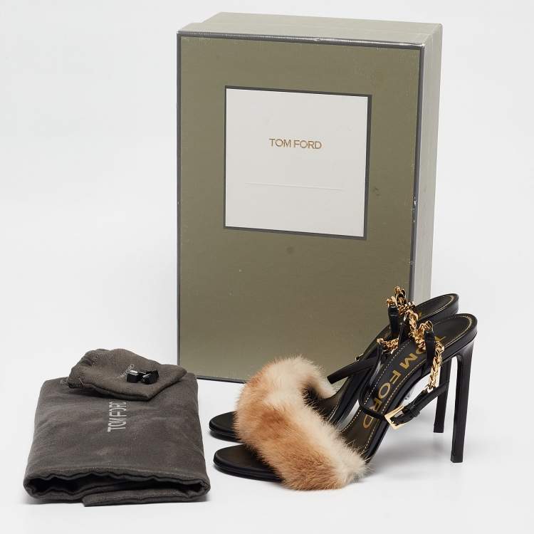 Pre Owned Tom Ford Beige/Black Fur and Leather Ankle Strap Sandals Size 37.5