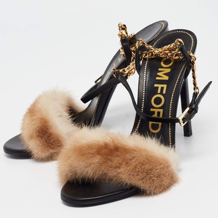 Pre Owned Tom Ford Beige/Black Fur and Leather Ankle Strap Sandals Size 37.5