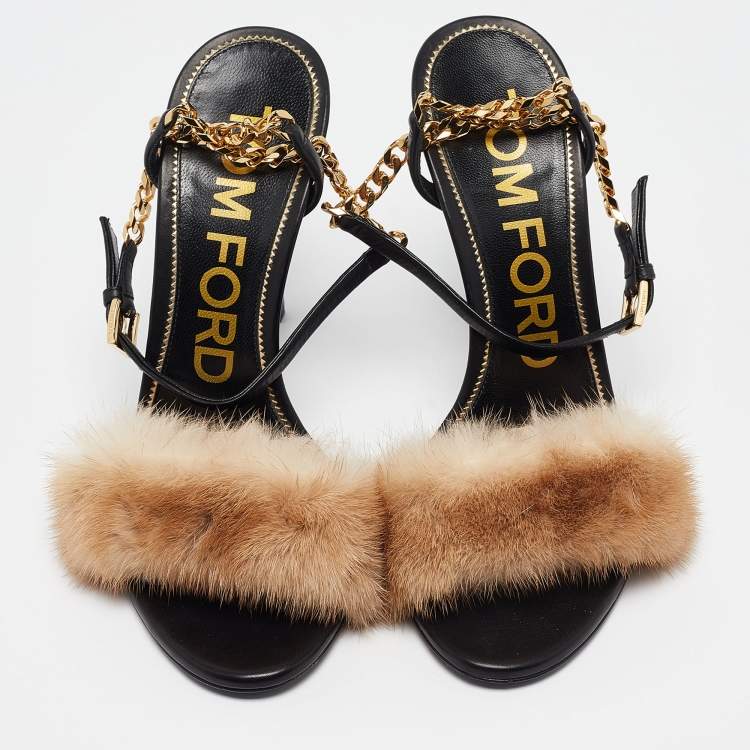 Pre Owned Tom Ford Beige/Black Fur and Leather Ankle Strap Sandals Size 37.5