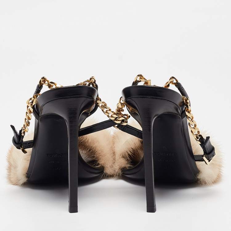 Pre Owned Tom Ford Beige/Black Fur and Leather Ankle Strap Sandals Size 37.5