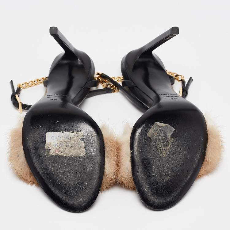 Pre Owned Tom Ford Beige/Black Fur and Leather Ankle Strap Sandals Size 37.5