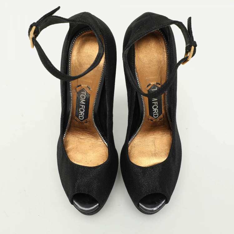 Pre Owned Tom Ford Black Lurex Fabric Platform Ankle Strap Pumps Size 37.5