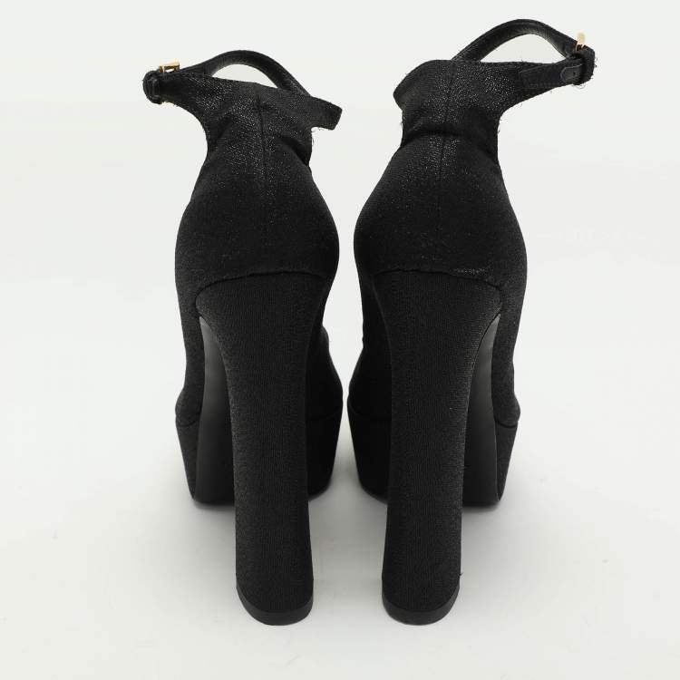 Pre Owned Tom Ford Black Lurex Fabric Platform Ankle Strap Pumps Size 37.5