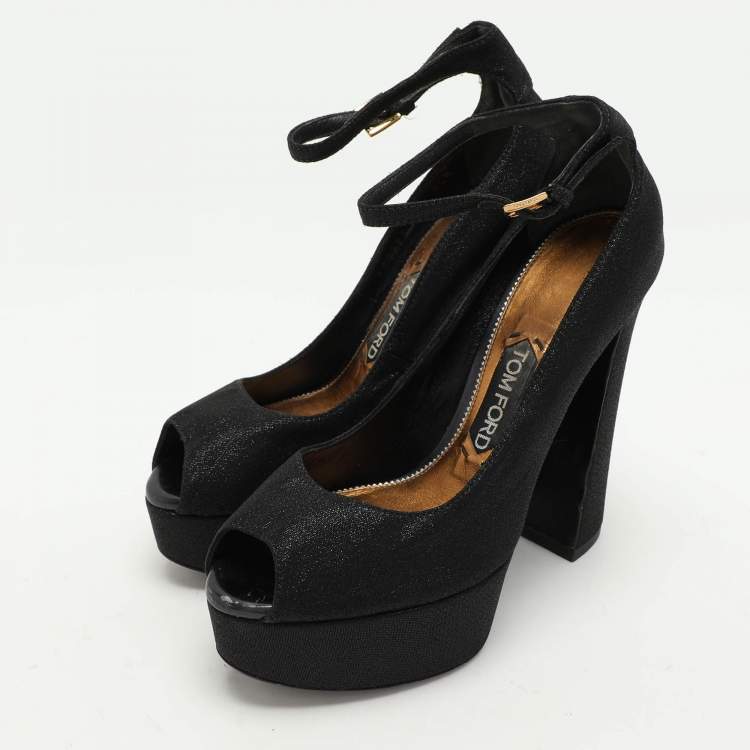 Pre Owned Tom Ford Black Lurex Fabric Platform Ankle Strap Pumps Size 37.5