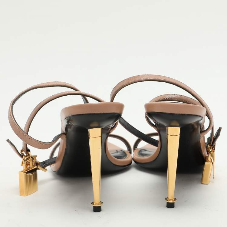 Pre Owned Tom Ford Beige Leather Padlock Ankle Strap Sandals Size 38
