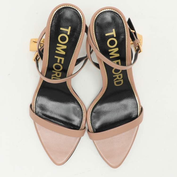 Pre Owned Tom Ford Beige Leather Padlock Ankle Strap Sandals Size 38