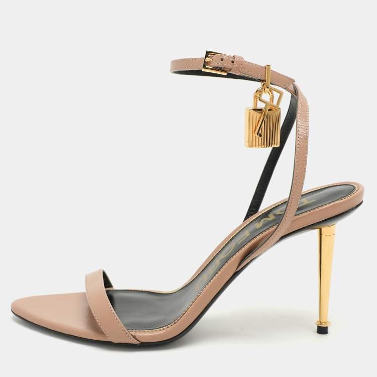 Pre Owned Tom Ford Beige Leather Padlock Ankle Strap Sandals Size 38