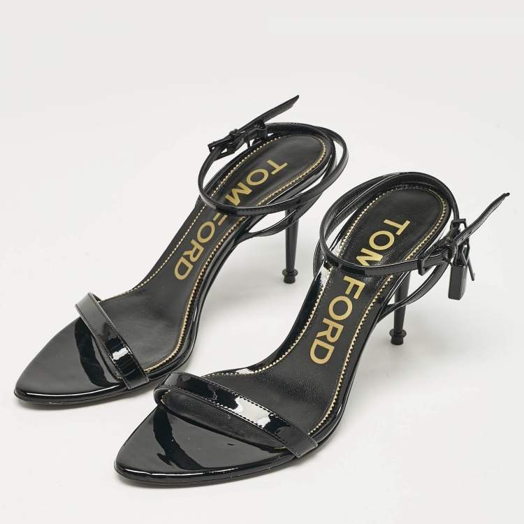Pre Owned Tom Ford Black Patent Leather Padlock Ankle Strap Sandals Size 38