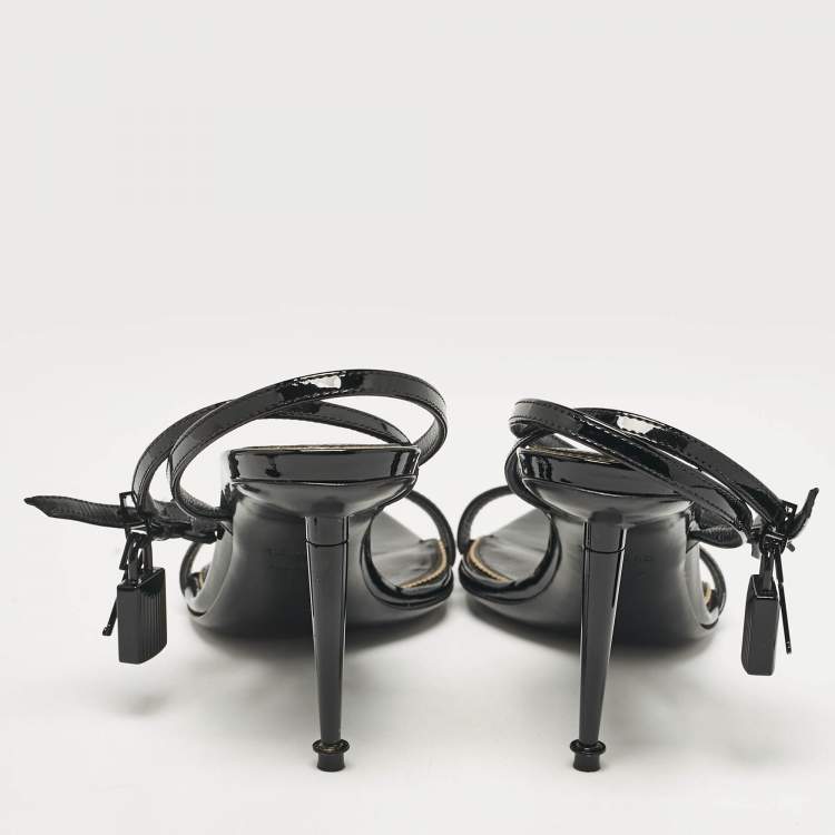 Pre Owned Tom Ford Black Patent Leather Padlock Ankle Strap Sandals Size 38