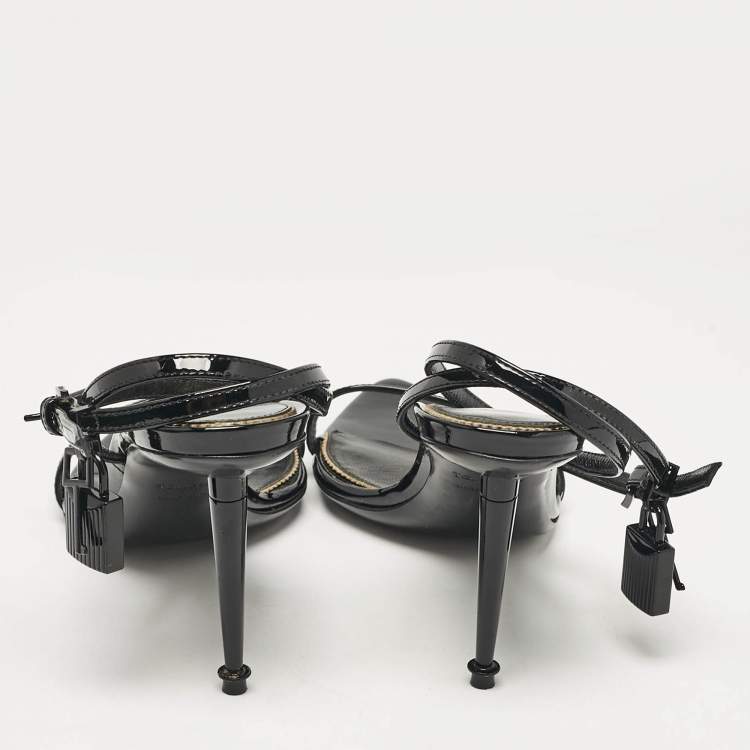 Pre Owned Tom Ford Black Patent Leather Padlock Ankle Strap Sandals Size 38