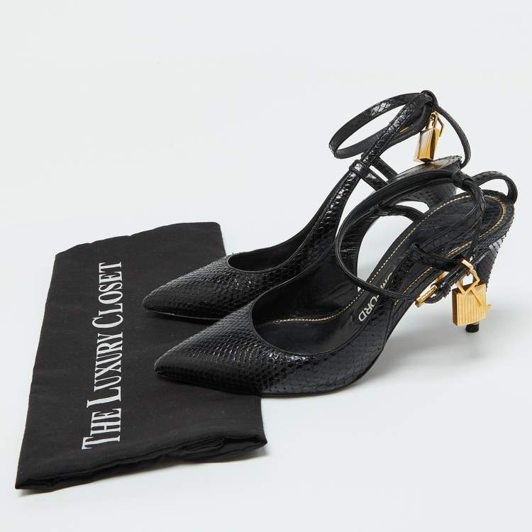 Pre Owned Tom Ford Black Snakeskin Leather Padlock Ankle Wrap Pointed Toe Pumps Size 37