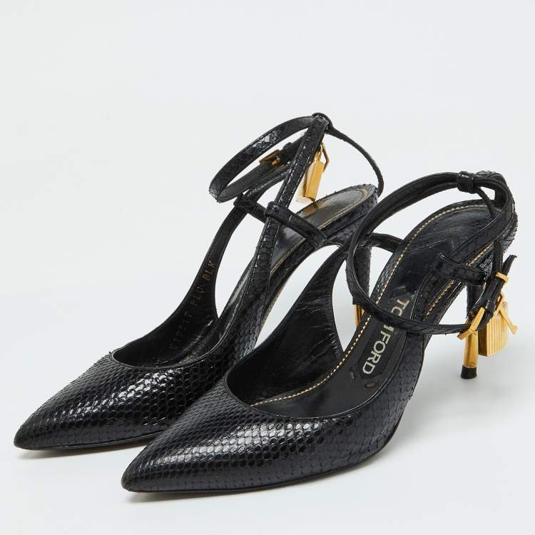 Pre Owned Tom Ford Black Snakeskin Leather Padlock Ankle Wrap Pointed Toe Pumps Size 37
